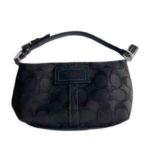 Coach Carly Mini Signature Baguette Black Logo Fabric Shoulder Bag Zip Top Purse